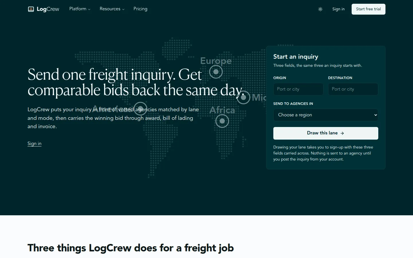 The Logcrew homepage, where a freight forwarder starts an inquiry by choosing an origin, a destination and a region