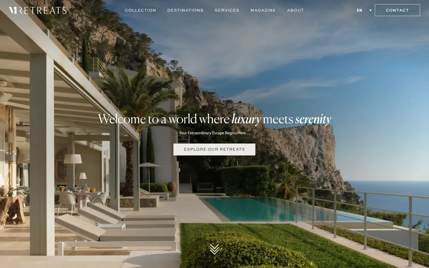 The V1 Retreats homepage, showing a villa terrace and infinity pool above the sea